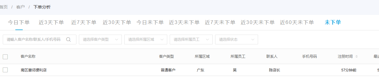 未下单客户按区域和所属人员筛选的管理端界面